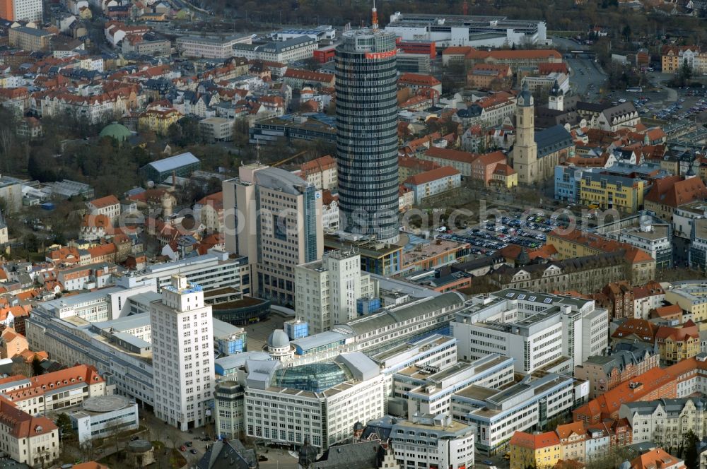 Aerial photograph Jena - In the center of Jena in Thuringia is the Ernst-Abbe-Platz with the campus of the Friedrich-Schiller-University Jena. The building complex was once the Carl Zeiss major work and was redesigned by the architects of the HNP. The reconstruction of the office tower B59 was in the hands of the architects Roedl & Barschel. The focus of the Jentower can be seen, which is mainly used by Achim Walder companies as company headquarters