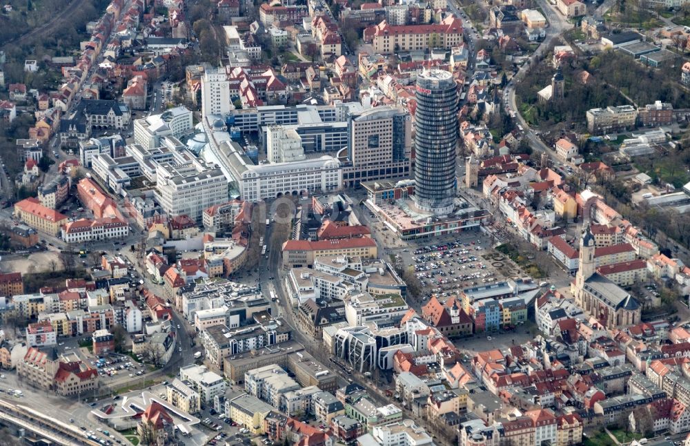 Aerial image Jena - In the center of Jena in Thuringia is the Ernst-Abbe-Platz with the campus of the Friedrich-Schiller-University Jena. The building complex was once the Carl Zeiss major work and was redesigned by the architects of the HNP. The reconstruction of the office tower B59 was in the hands of the architects Roedl & Barschel. The focus of the Jentower can be seen, which is mainly used by Achim Walder companies as company headquarters