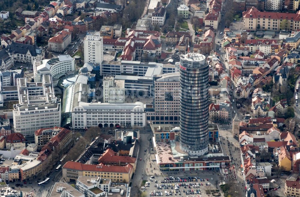 Aerial photograph Jena - In the center of Jena in Thuringia is the Ernst-Abbe-Platz with the campus of the Friedrich-Schiller-University Jena. The building complex was once the Carl Zeiss major work and was redesigned by the architects of the HNP. The reconstruction of the office tower B59 was in the hands of the architects Roedl & Barschel. The focus of the Jentower can be seen, which is mainly used by Achim Walder companies as company headquarters