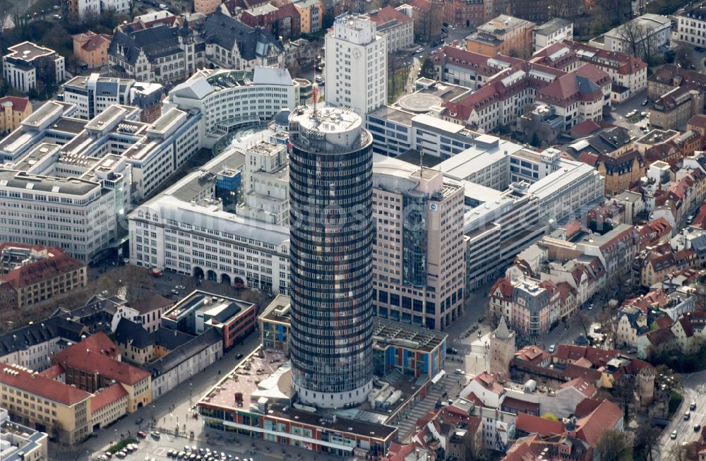 Jena from above - In the center of Jena in Thuringia is the Ernst-Abbe-Platz with the campus of the Friedrich-Schiller-University Jena. The building complex was once the Carl Zeiss major work and was redesigned by the architects of the HNP. The reconstruction of the office tower B59 was in the hands of the architects Roedl & Barschel. The focus of the Jentower can be seen, which is mainly used by Achim Walder companies as company headquarters