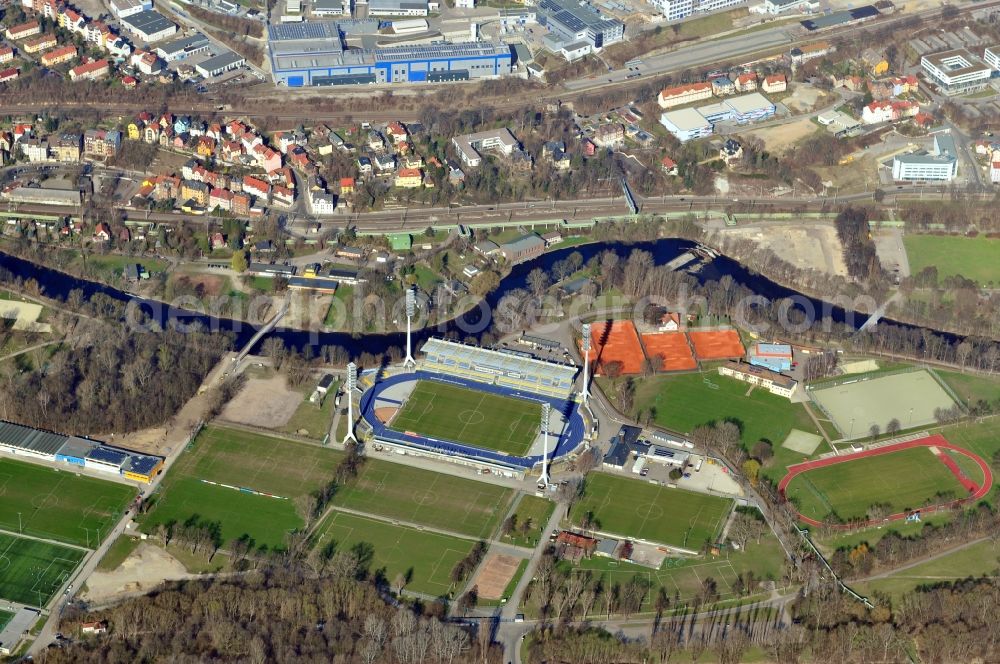 Aerial photograph Jena - View of the Ernst-Abbe-Sportfeld in Jena in the state Thuringia. The sports facility is the home field of FC Carl Zeiss Jena and FF USV Jena