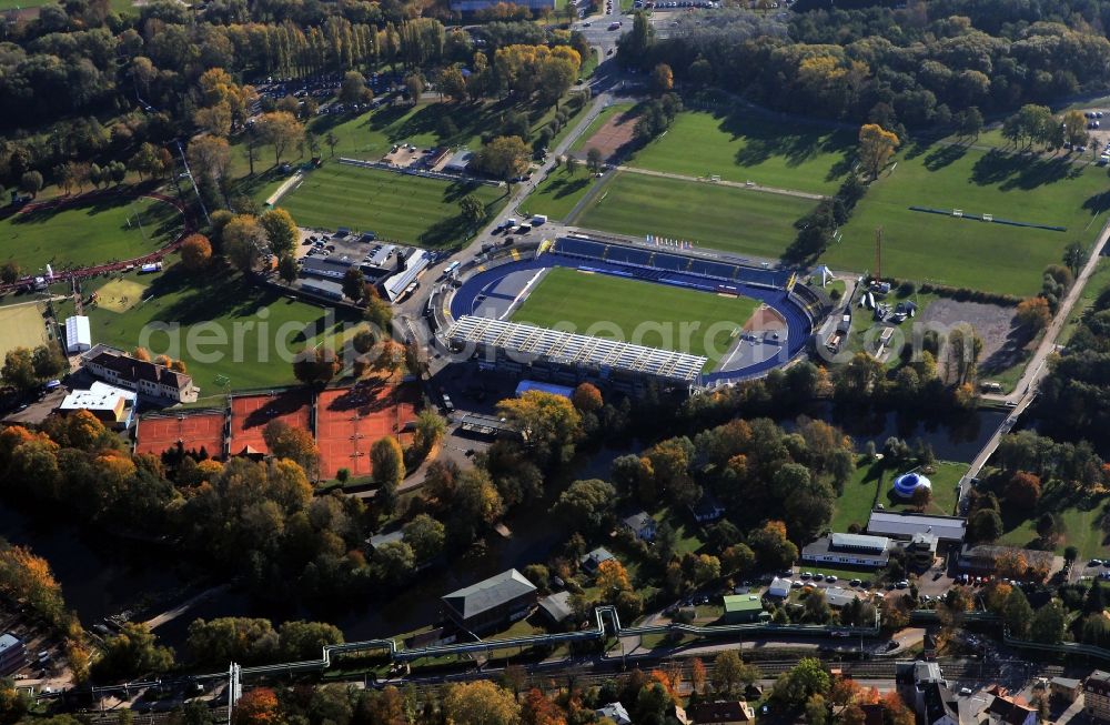 Jena from above - Sports field Ernst-Abbe-Sportfeld at the public park Oberaue in Jena in Thuringia