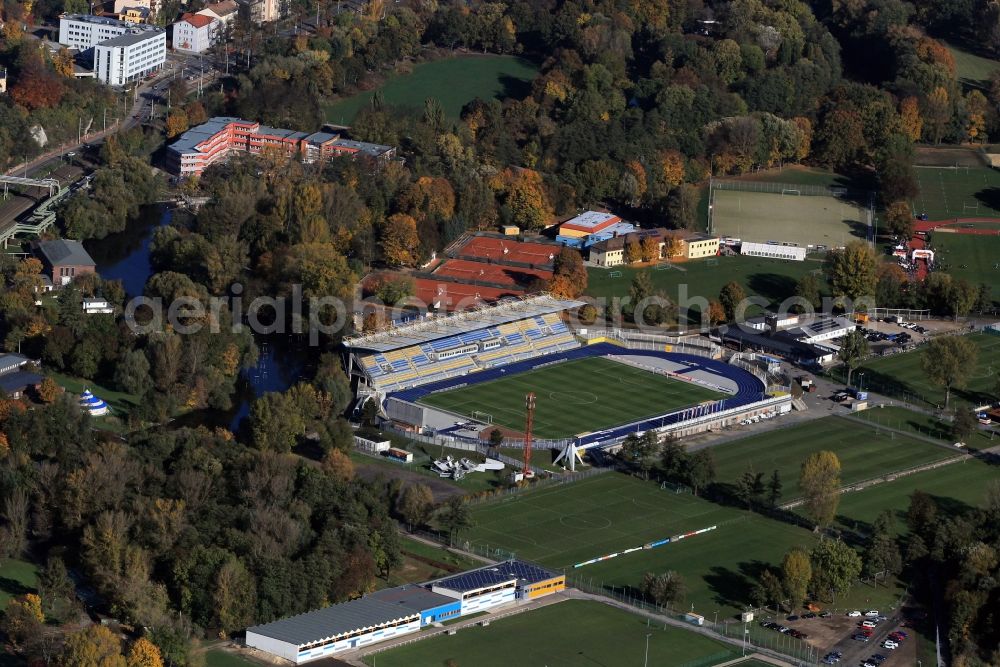 Jena from the bird's eye view: Sports field Ernst-Abbe-Sportfeld at the public park Oberaue in Jena in Thuringia