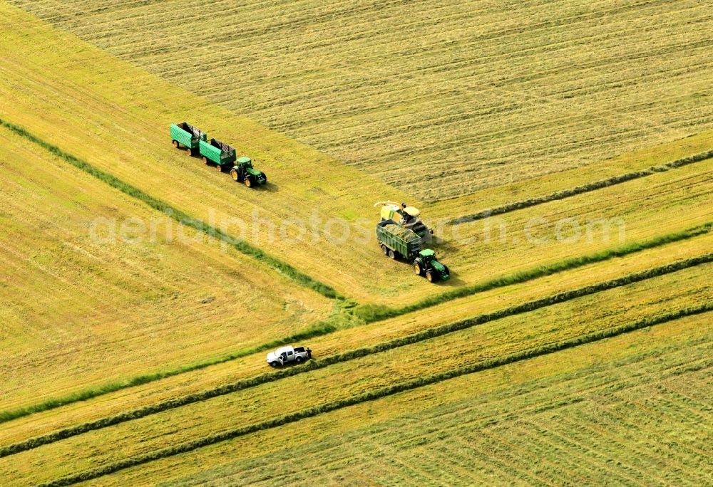 Osthausen from above - Combines during the harvest of an agricultural field near Osthausen in Thuringia