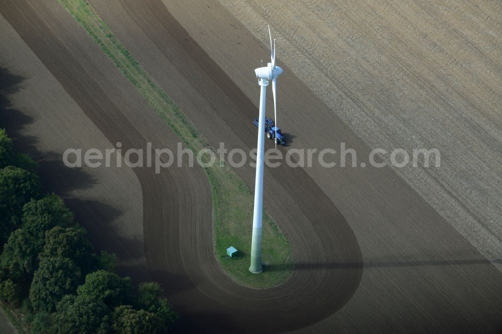 Aerial photograph Kritzow - Wind turbine windmills on a field in Kritzow in the state Mecklenburg - Western Pomerania