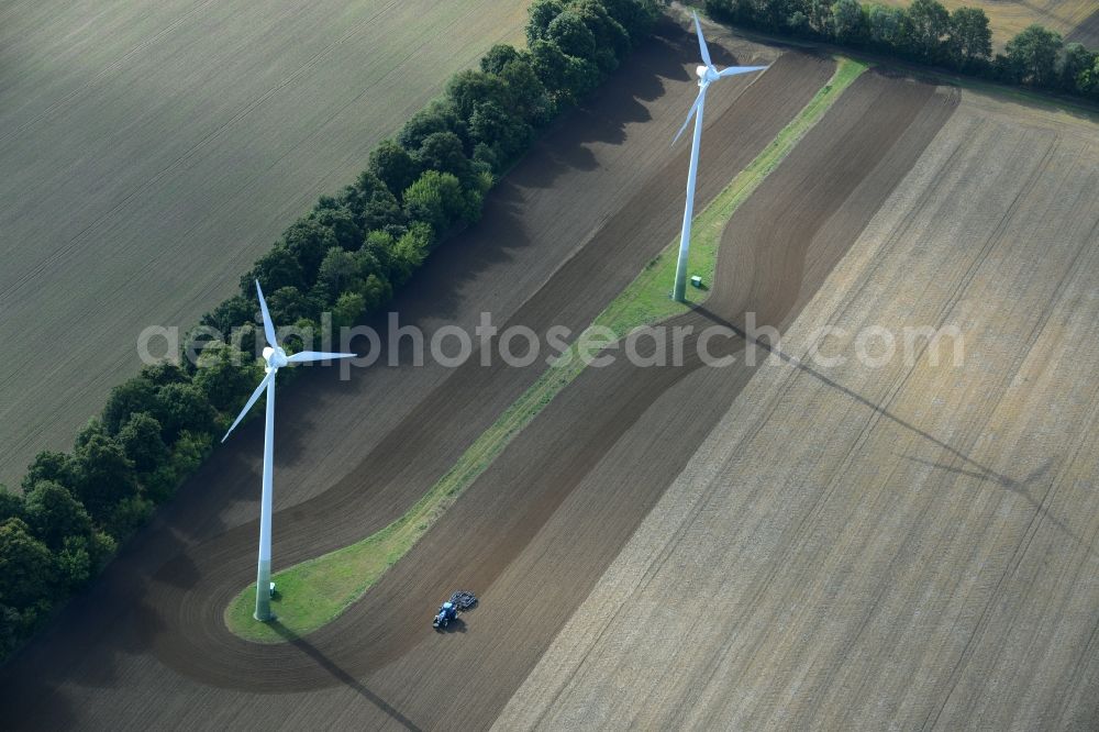 Aerial photograph Kritzow - Wind turbine windmills on a field in Kritzow in the state Mecklenburg - Western Pomerania