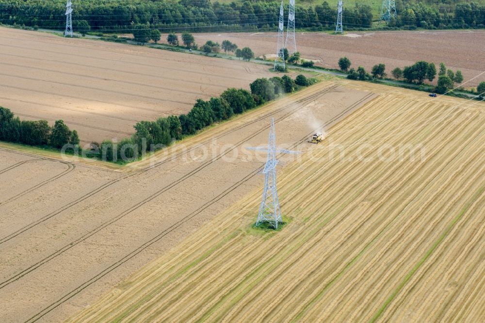 Agathenburg from above - Harvest use of heavy agricultural machinery - combine harvesters and harvesting vehicles on agricultural fields in Agathenburg in the state Lower Saxony, Germany