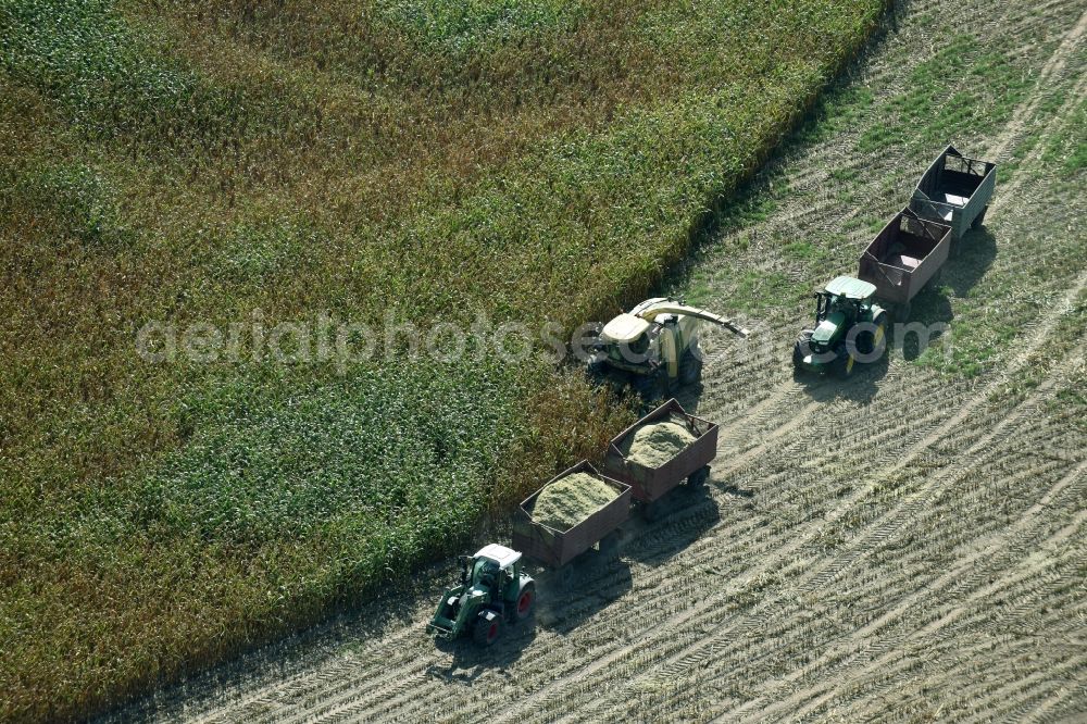 Aerial image Käthen - Harvest use of heavy agricultural machinery - combine harvesters and harvesting vehicles on agricultural fields in Kaethen in the state Saxony-Anhalt