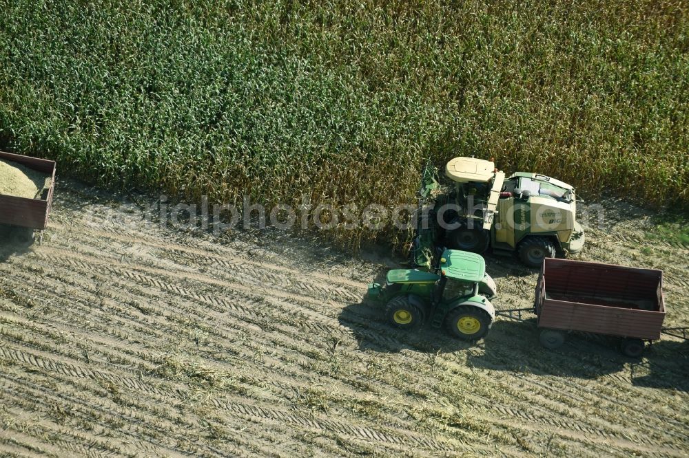 Käthen from above - Harvest use of heavy agricultural machinery - combine harvesters and harvesting vehicles on agricultural fields in Kaethen in the state Saxony-Anhalt