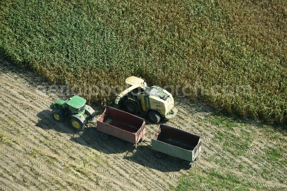 Käthen from above - Harvest use of heavy agricultural machinery - combine harvesters and harvesting vehicles on agricultural fields in Kaethen in the state Saxony-Anhalt