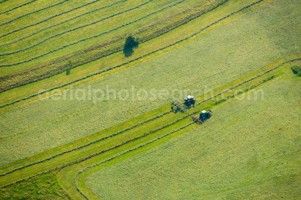 Aerial image Meschede - Harvest use of heavy agricultural machinery - harvesting vehicles on agricultural fields in Meschede in the state North Rhine-Westphalia