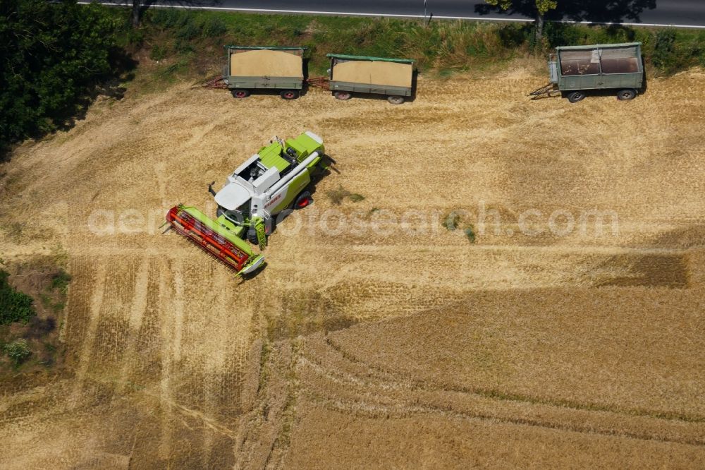 Rosdorf from the bird's eye view: Harvest use of heavy agricultural machinery - combine harvesters and harvesting vehicles on agricultural fields in Rosdorf in the state Lower Saxony