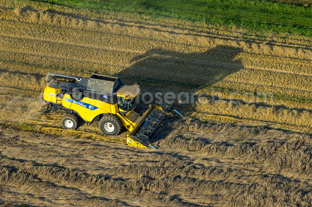 Sönnern from above - Harvest use of heavy agricultural machinery - combine harvesters and harvesting vehicles on agricultural fields in Soennern in the state North Rhine-Westphalia, Germany