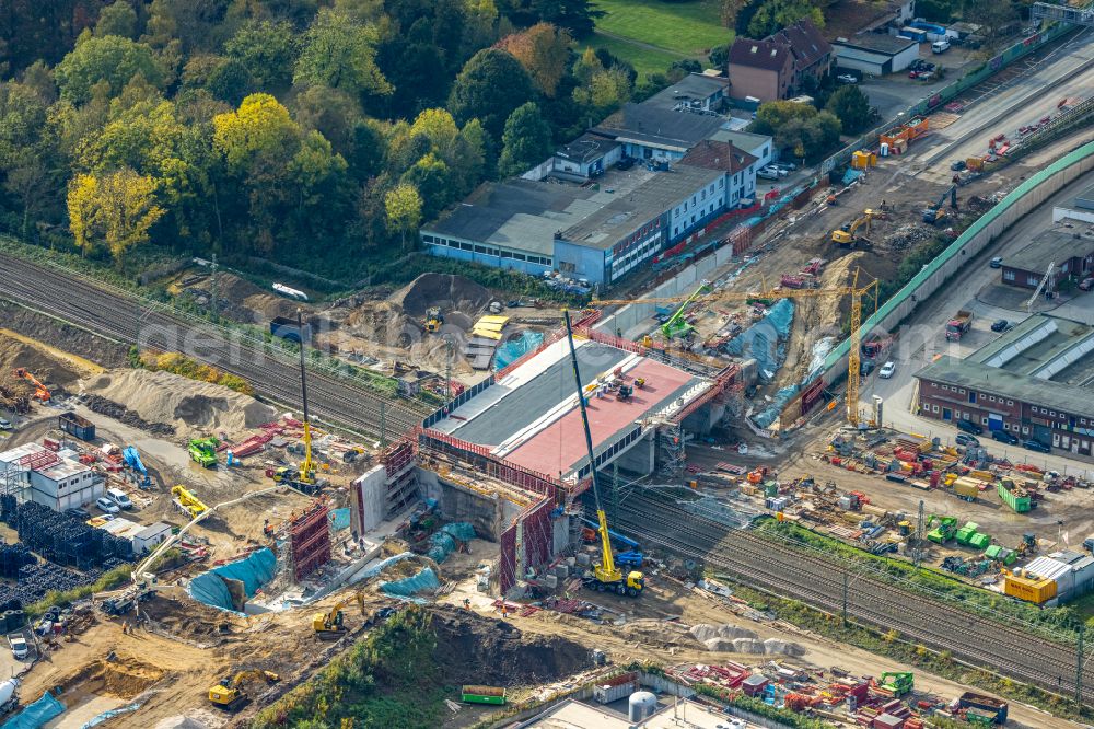 Aerial photograph Bochum - Construction site for the assembly of the replacement motorway bridge structure for the routeBAB A40 on street Berggate in the district Hamme in Bochum at Ruhrgebiet in the state North Rhine-Westphalia, Germany