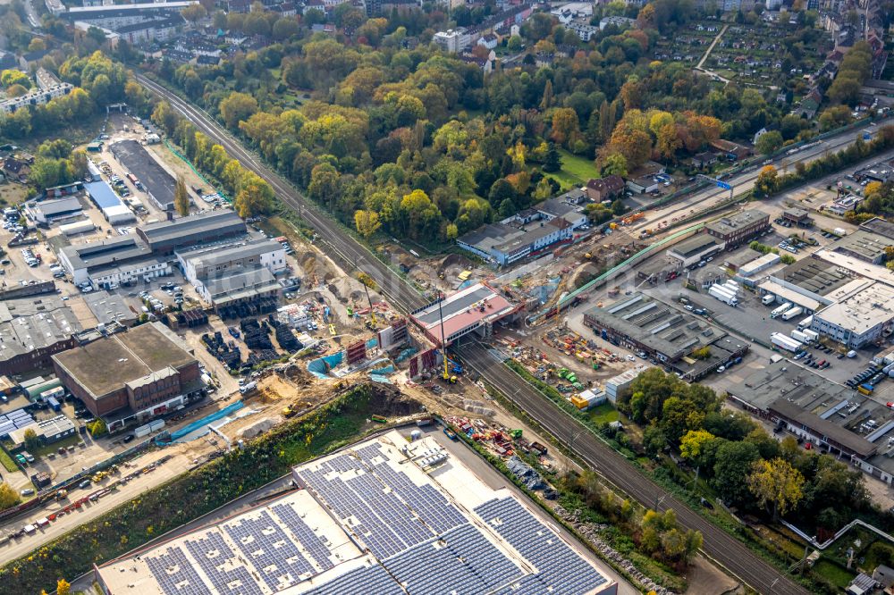 Aerial image Bochum - Construction site for the assembly of the replacement motorway bridge structure for the routeBAB A40 on street Berggate in the district Hamme in Bochum at Ruhrgebiet in the state North Rhine-Westphalia, Germany