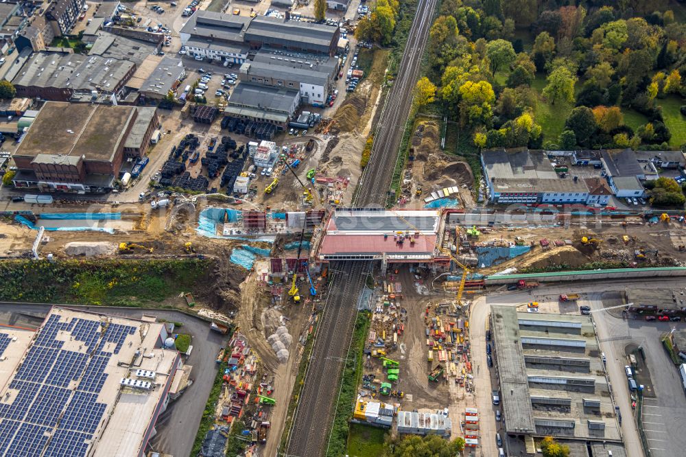 Aerial photograph Bochum - Construction site for the assembly of the replacement motorway bridge structure for the routeBAB A40 on street Berggate in the district Hamme in Bochum at Ruhrgebiet in the state North Rhine-Westphalia, Germany