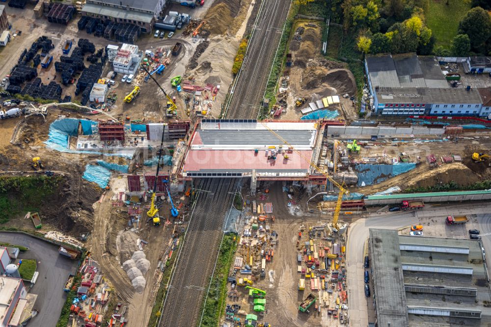 Bochum from above - Construction site for the assembly of the replacement motorway bridge structure for the routeBAB A40 on street Berggate in the district Hamme in Bochum at Ruhrgebiet in the state North Rhine-Westphalia, Germany