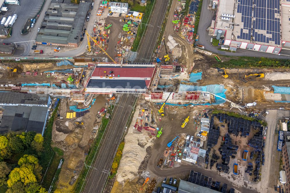 Aerial image Bochum - Construction site for the assembly of the replacement motorway bridge structure for the routeBAB A40 on street Berggate in the district Hamme in Bochum at Ruhrgebiet in the state North Rhine-Westphalia, Germany