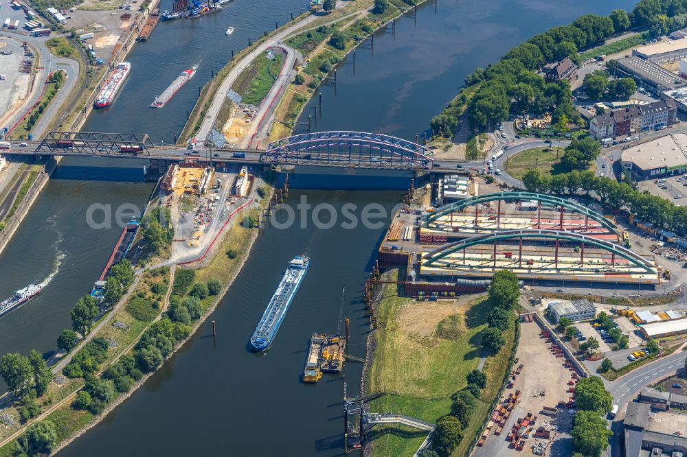 Duisburg from above - Construction site for a new replacement building for the renovation, renewal and repair of the bridge structure Karl-Lehr-Bruecke about the Ruhr on street Ruhrorter Strasse in the district Ruhrort in Duisburg at Ruhrgebiet in the state North Rhine-Westphalia, Germany