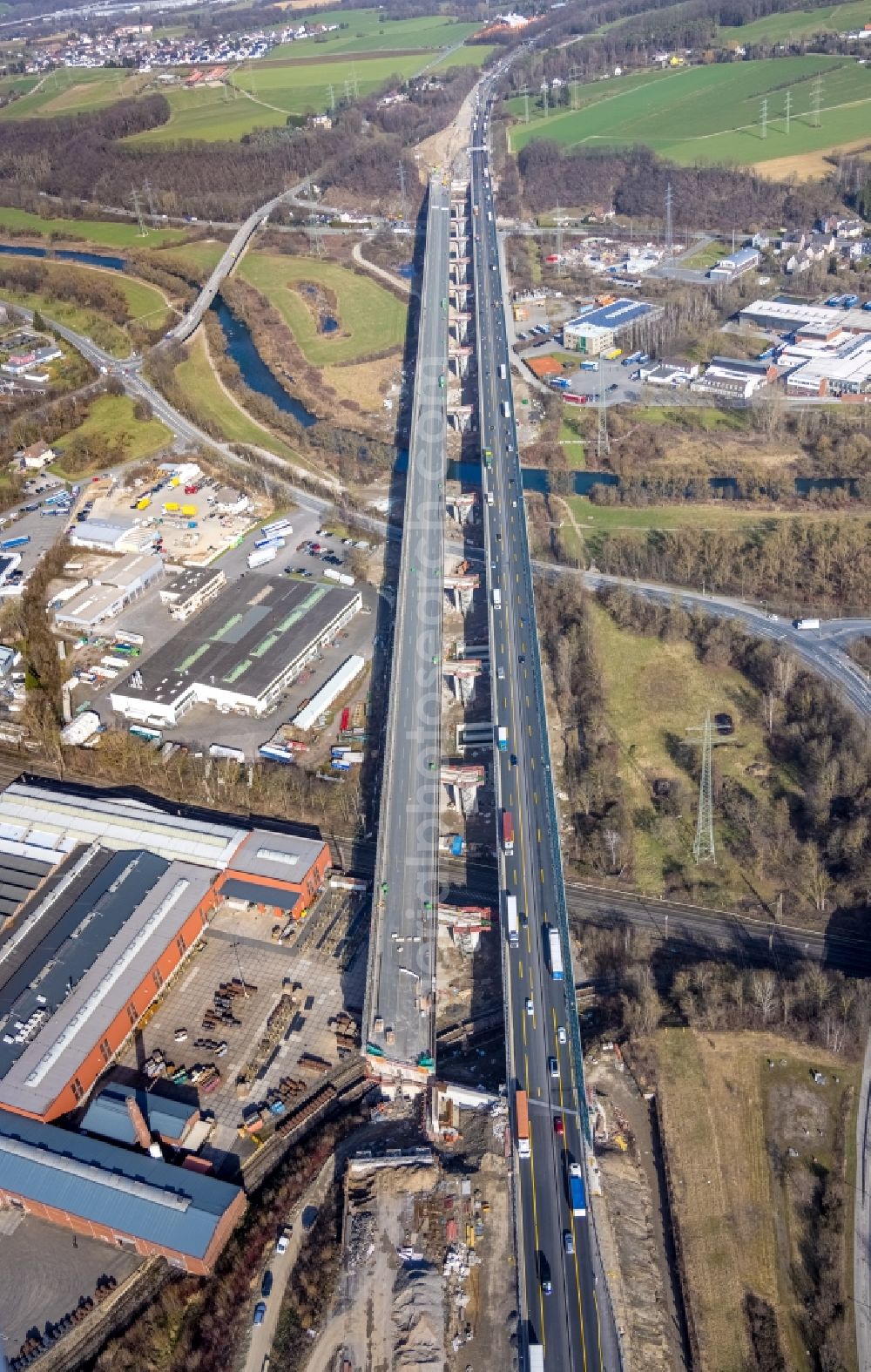 Hagen from the bird's eye view: Construction site of the Lennetalbruecke in Hagen at Ruhrgebiet in the state North Rhine-Westphalia in Germany