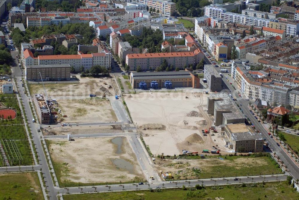 Aerial image Berlin - Blick auf Erschließungs- und Abrißarbeiten am Umformwerk in Areal des Stadtentwicklungsgebietes Eldenaer Straße/ Landsberger Allee in Berlin-Friedrichshain (Gelände der Alten Schlachthöfe)- ein Projekt der SES Stadtentwicklungsgebiet Eldenaer Straße mbH, Thaerstraße 30/31 in 10249 Berlin, Tel.: 030 42846130 Herr Schmidt