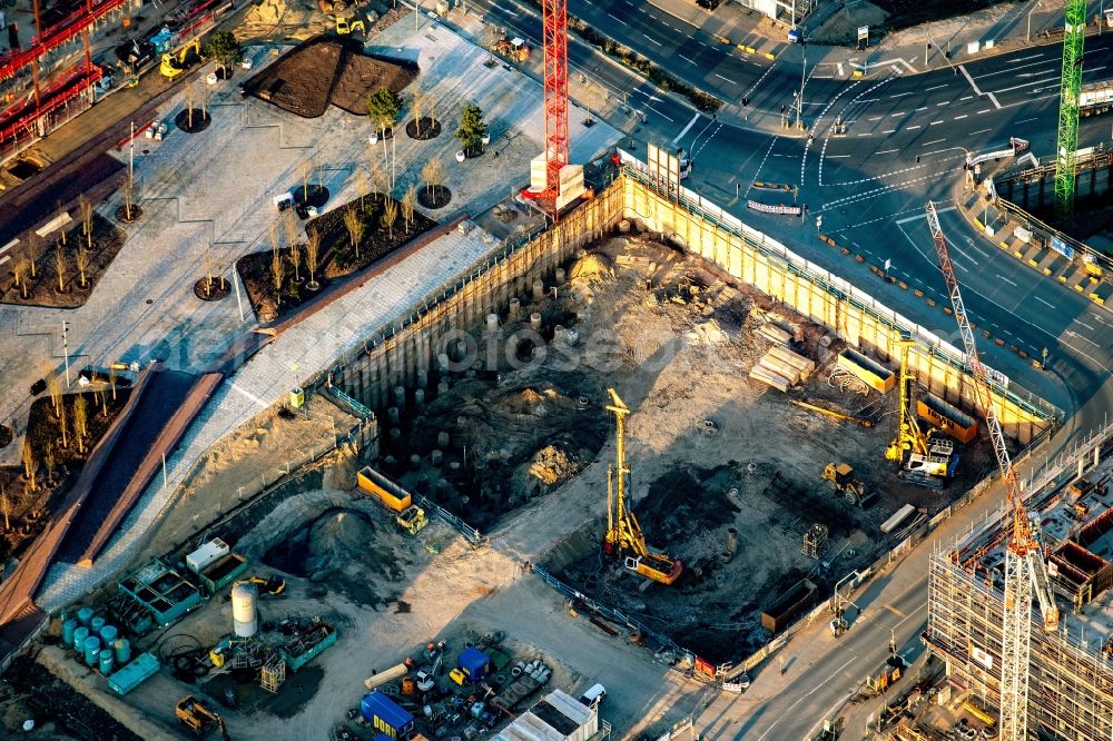 Hamburg from above - Construction site with piling works for the foundation slab of a new building Kirchenpauerstrasse - Amerigo-Vespucci-Platz in the district HafenCity in Hamburg, Germany