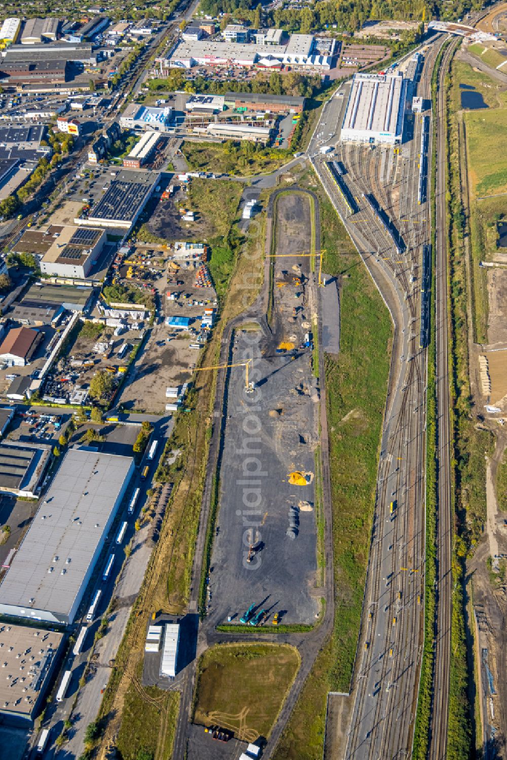 Dortmund from the bird's eye view: Development work at the building of the RRX- depot on Bornstrasse in Dortmund at Ruhrgebiet in the state North Rhine-Westphalia