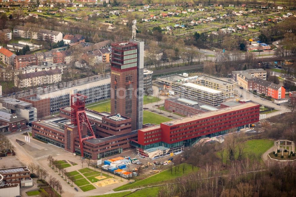 Gelsenkirchen from above - Observation tower on the Office building of the administrative and business center of Vivawest Wohnen GmbH, headquartered in Nordsternpark on the former Nordstern colliery in Gelsenkirchen in North Rhine-Westphalia