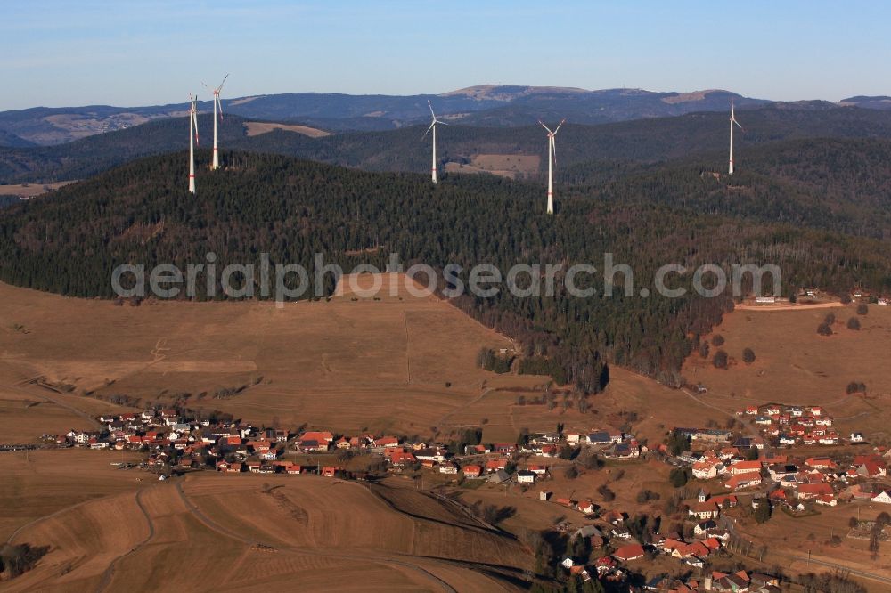 Schopfheim from the bird's eye view: On the Rohrenkopf, the local mountain of Gersbach, a district of Schopfheim in Baden-Wuerttemberg, five wind turbines are in operation. It is the first wind farm in the south of the Black Forest