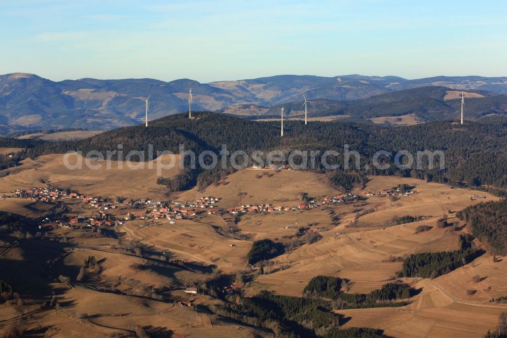 Aerial image Schopfheim - On the Rohrenkopf, the local mountain of Gersbach, a district of Schopfheim in Baden-Wuerttemberg, five wind turbines are in operation. It is the first wind farm in the south of the Black Forest