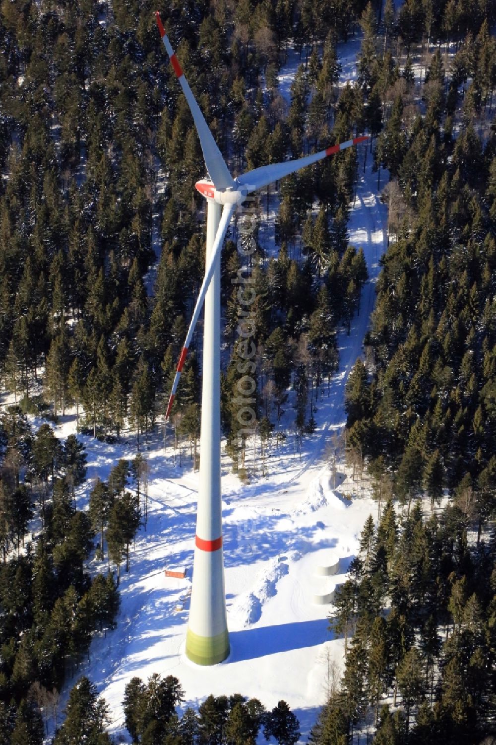 Aerial image Schopfheim - On the snow covered Rohrenkopf, the local mountain of Gersbach, a district of Schopfheim in Baden-Wuerttemberg, wind turbines have started operation. It is the first wind farm in the south of the Black Forest