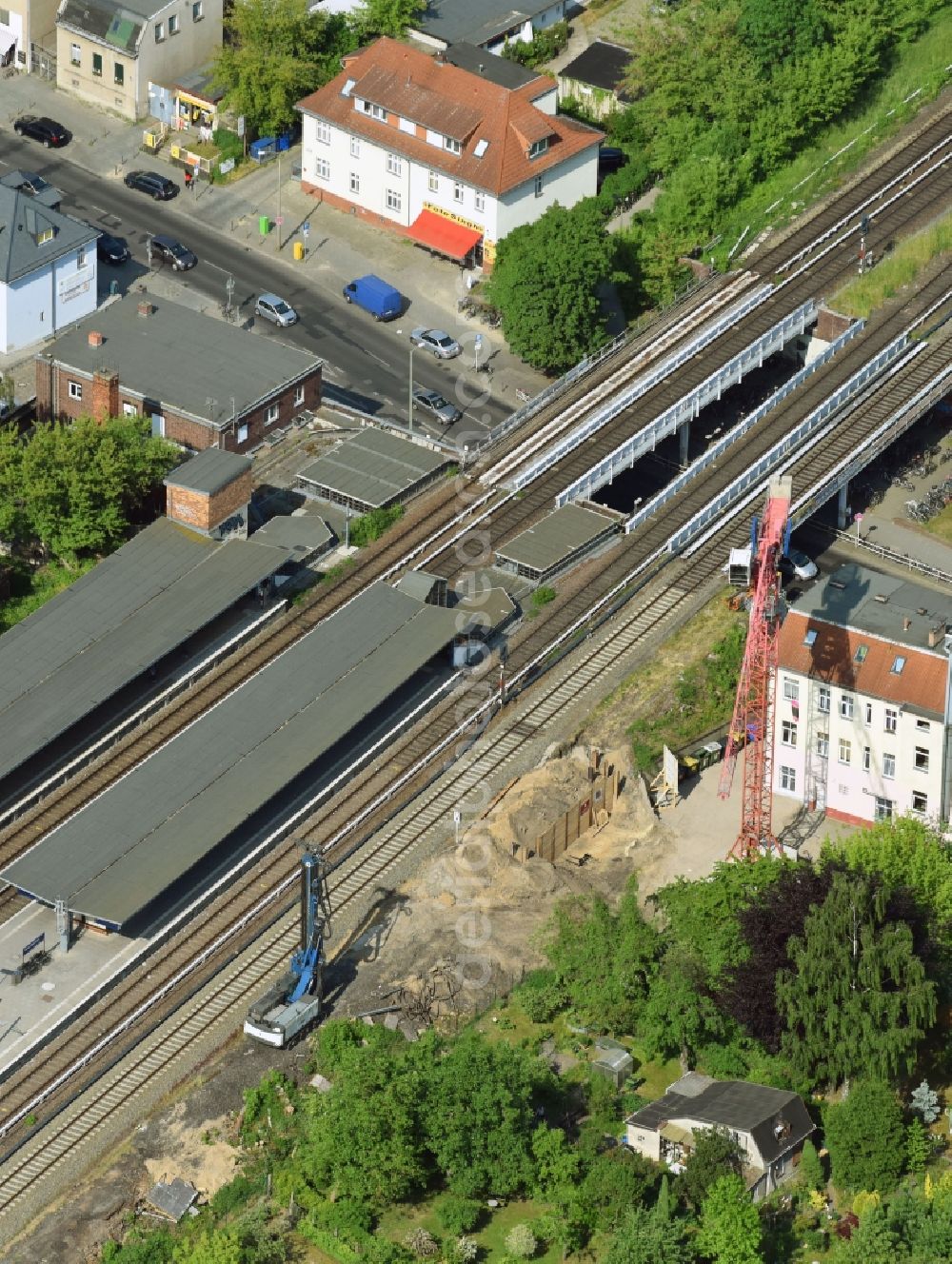 Aerial image Berlin - Building site of the track systems of the S-Bahn station Mahlsdorf on Hoenower Strasse in Berlin