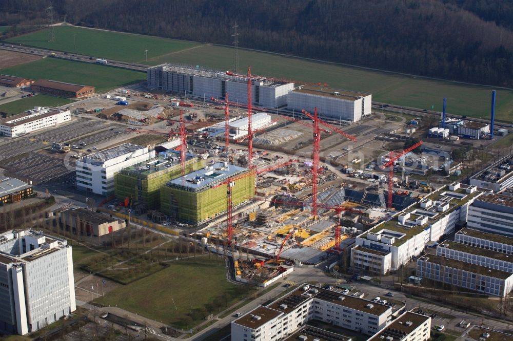 Kaiseraugst from above - Pharmaceutical Company Roche is expanding in the Industrial and commercial area in Kaiseraugst in Switzerland