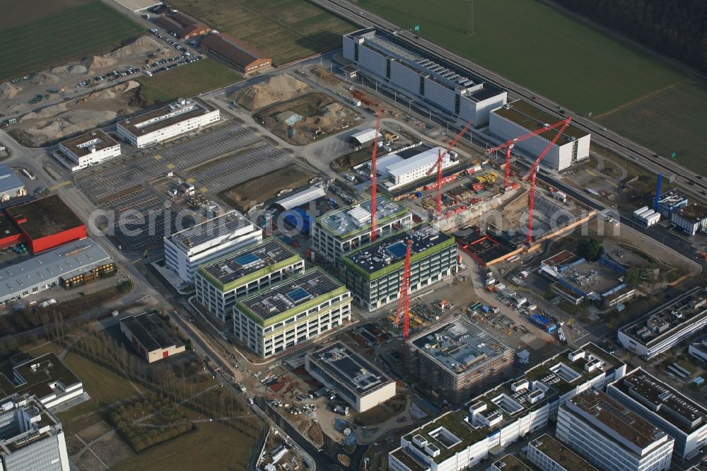 Kaiseraugst from above - Pharmaceutical Company Roche is expanding in the Industrial and commercial area in Kaiseraugst in Switzerland