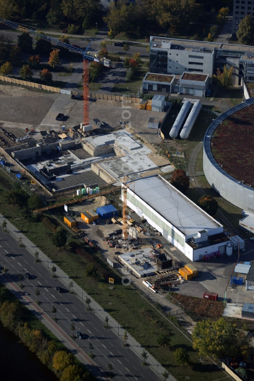 Aerial image Berlin - Expansion - Construction site at the electron storage ring BESSY - the third generation synchrotron radiation source in Berlin - Adlershof
