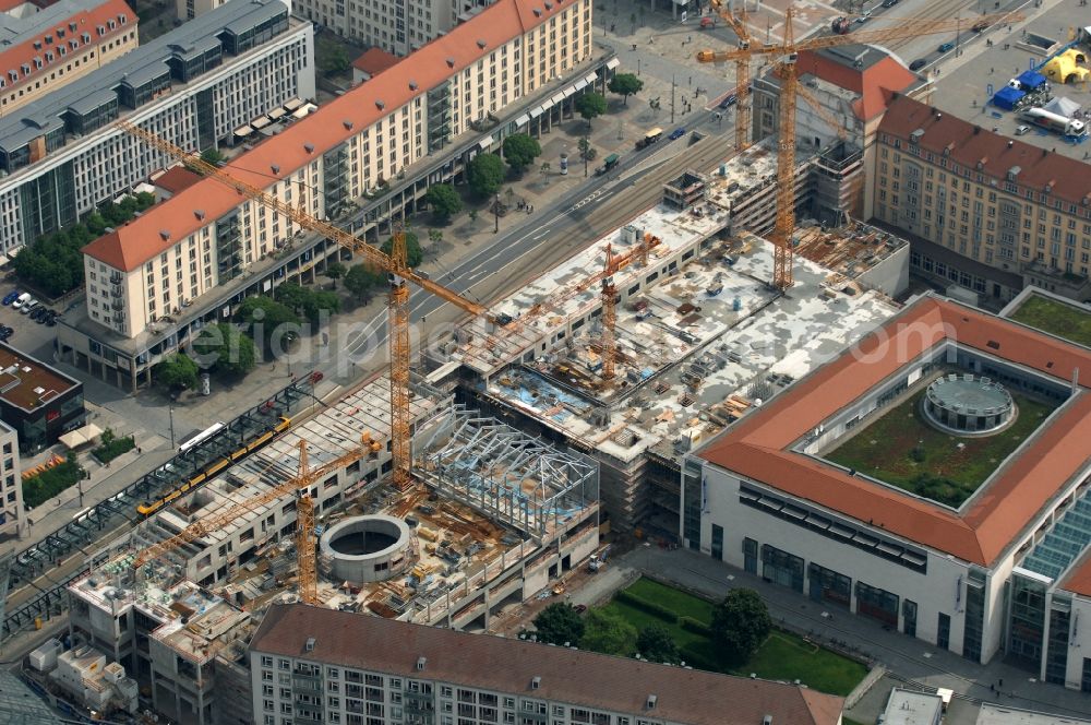 Dresden from the bird's eye view: Construction site Building of the shopping center Altmarkt Galerie der ECE Projektmanagement GmbH in Dresden in the state Saxony