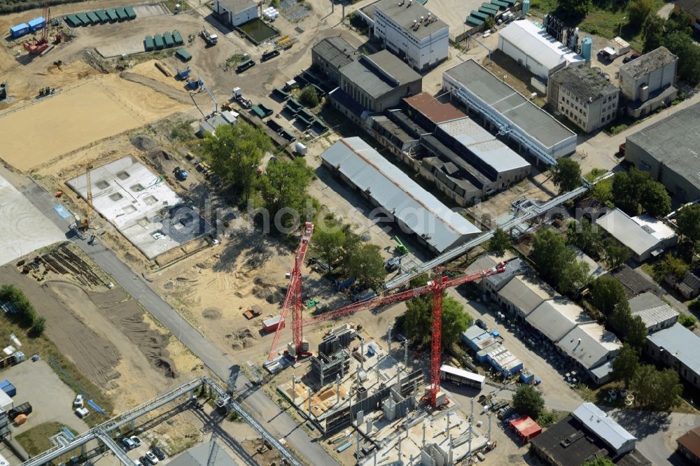 Aerial image Berlin - Expansion construction site on the grounds of the Berlin Chemie AG in Adlershof. The Berlin-based pharmaceutical company is part of the pharmaceutical company Menarini