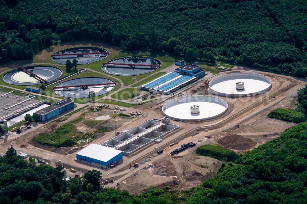 Forchheim from above - New construction site and extension of the sewage treatment basins and purification stages Abwasserzweckverband Breisgauer Bucht in Forchheim in the state Baden-Wuerttemberg, Germany