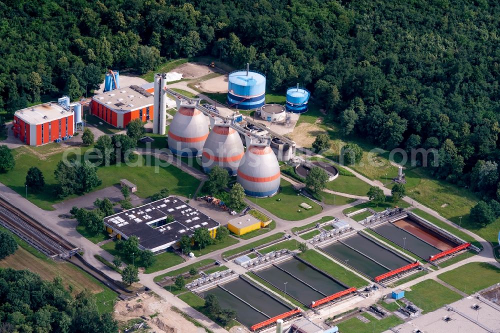 Forchheim from above - New construction site and extension of the sewage treatment basins and purification stages Abwasserzweckverband Breisgauer Bucht in Forchheim in the state Baden-Wuerttemberg, Germany