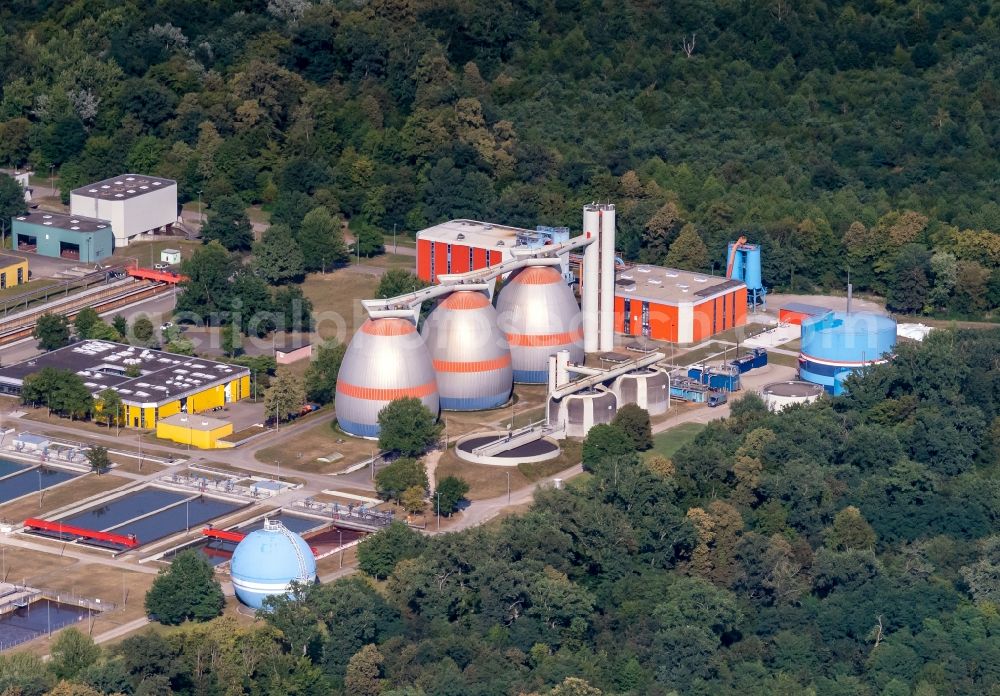 Forchheim from above - New construction site and extension of the sewage treatment basins and purification stages Breisgauer Bucht in Forchheim in the state Baden-Wurttemberg, Germany