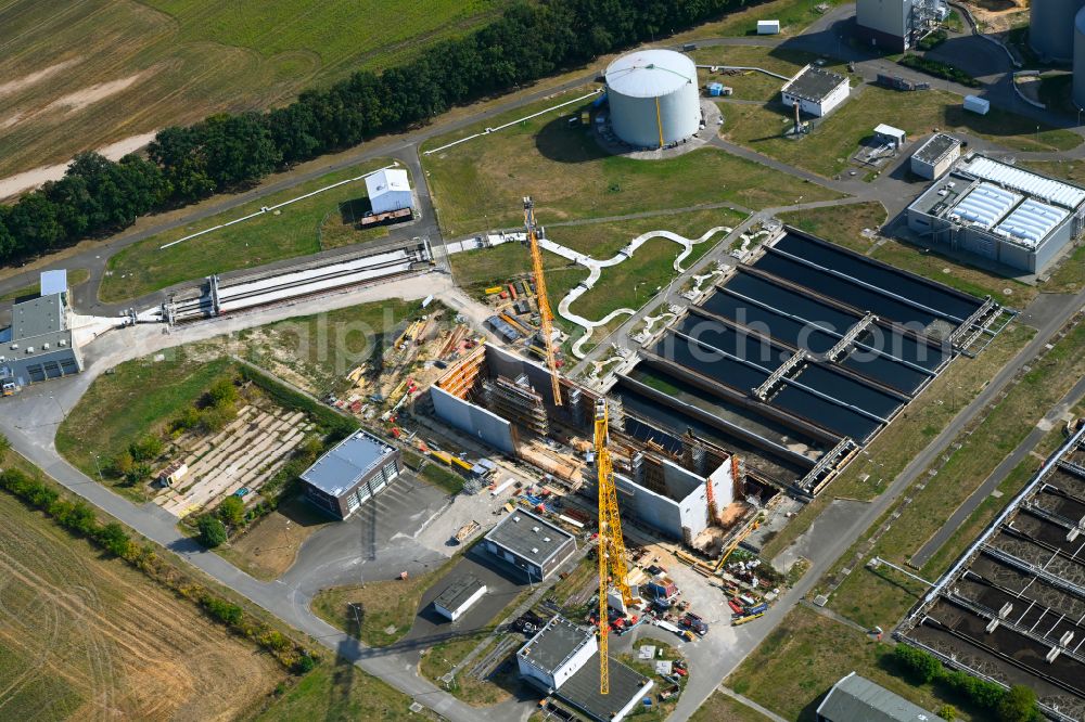 Aerial image Münchehofe - New construction site and extension of the sewage treatment basins and purification stages by building a new flocculation filtration system on street Dahlwitzer Landstrasse in Muenchehofe in the state Brandenburg, Germany