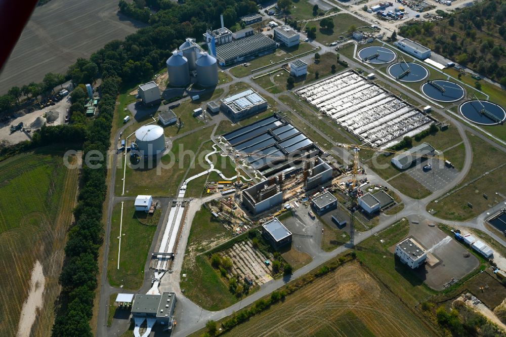 Münchehofe from above - New construction site and extension of the sewage treatment basins and purification stages by building a new flocculation filtration system on street Dahlwitzer Landstrasse in Muenchehofe in the state Brandenburg, Germany