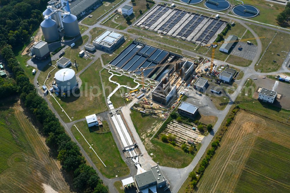 Aerial image Münchehofe - New construction site and extension of the sewage treatment basins and purification stages by building a new flocculation filtration system on street Dahlwitzer Landstrasse in Muenchehofe in the state Brandenburg, Germany