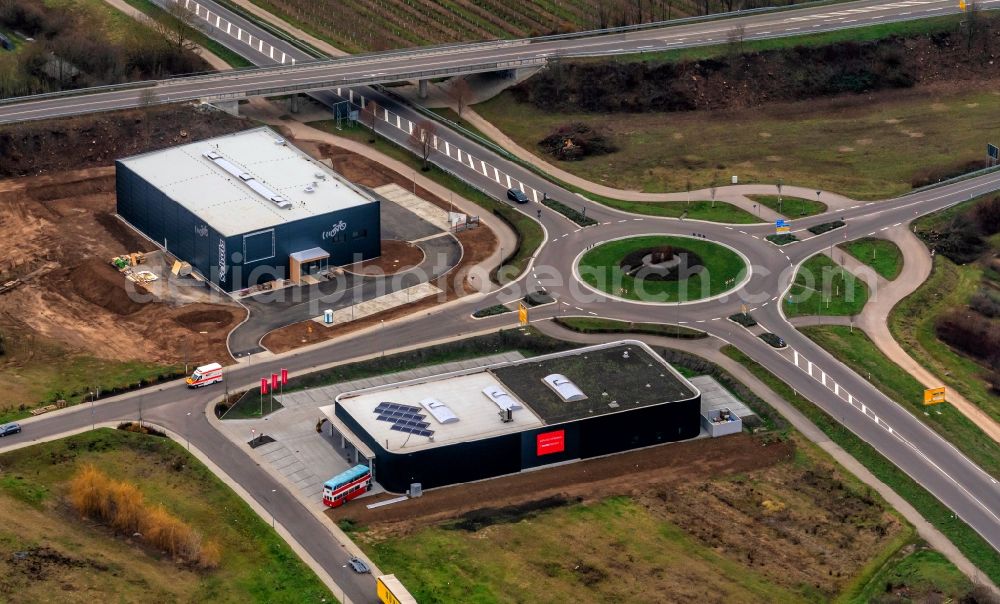 Forchheim from above - New construction site and extension of the sewage treatment basins and purification stages in Forchheim in the state Baden-Wurttemberg, Germany