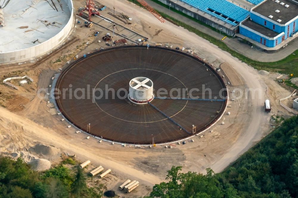 Forchheim from above - New construction site and extension of the sewage treatment basins and purification stages in Forchheim in the state Baden-Wurttemberg, Germany