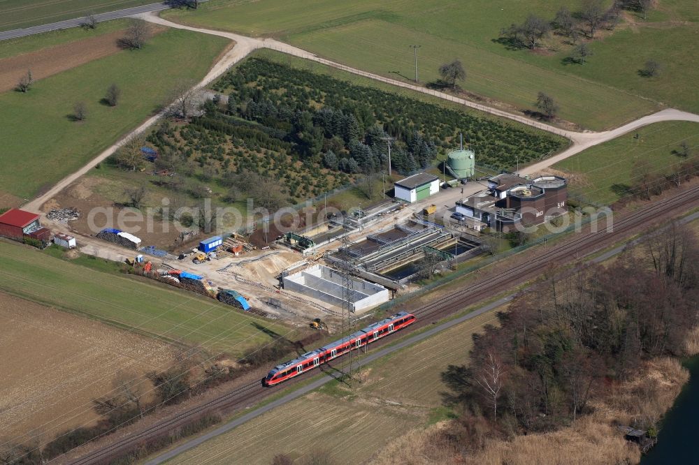 Schwörstadt from the bird's eye view: New construction site and extension of the sewage treatment plant with basins and purification stages in Schwoerstadt in the state Baden-Wuerttemberg, Germany