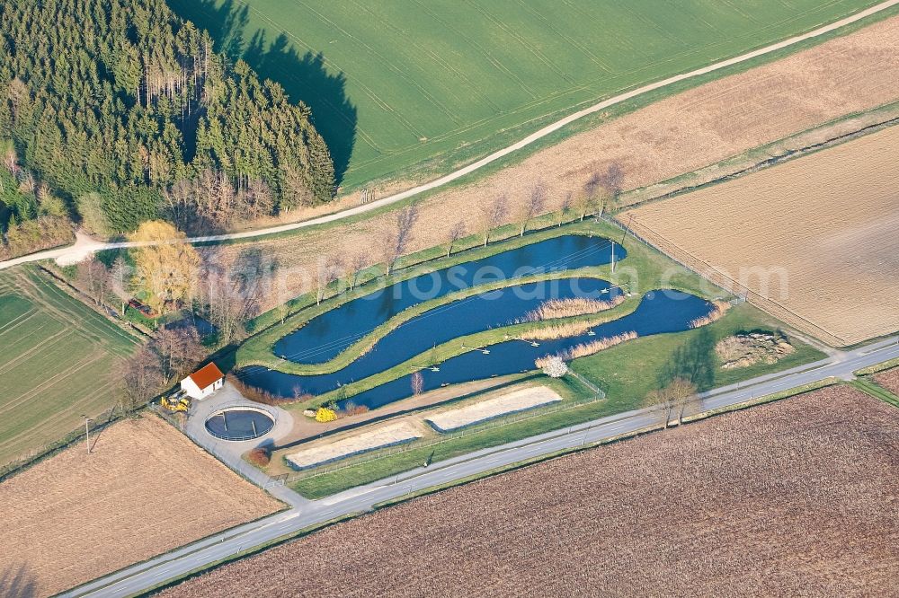 Obersüßbach from the bird's eye view: Extension of the sewage treatment basins and purification stages in Obersuessbach in the state Bavaria, Germany