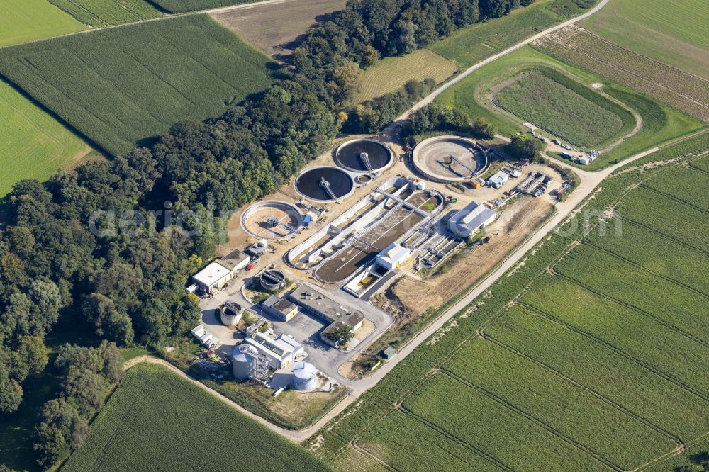 Würselen from above - New construction site and extension of the sewage treatment basins and purification stages Wasserverband Eifel-Rur - Klaeranlage Wuerselen-Euchen on street Bendenweg in Wuerselen in the state North Rhine-Westphalia, Germany