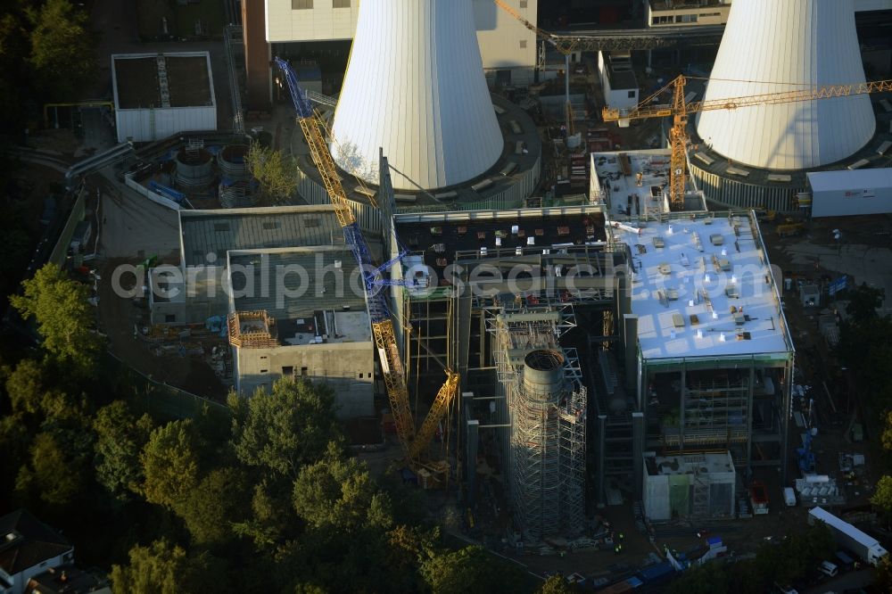 Berlin from the bird's eye view: Exhaust towers of the Vattenfall Europe AG at the canal eltowkanal in Berlin Lichterfelde