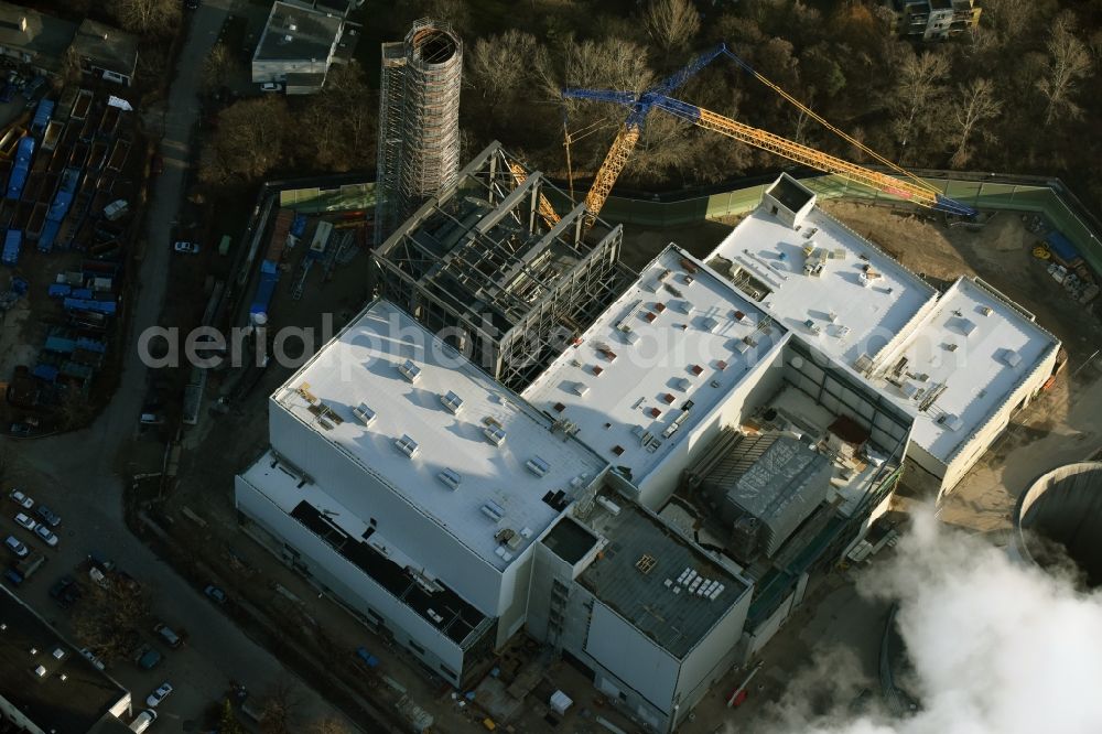 Berlin from the bird's eye view: Exhaust towers of the Vattenfall Europe AG at the canal eltowkanal in Berlin Lichterfelde